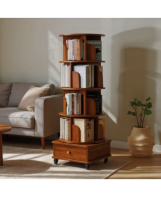 Rotating 5-Tier Corner Bookshelf with Drawer (Walnut)