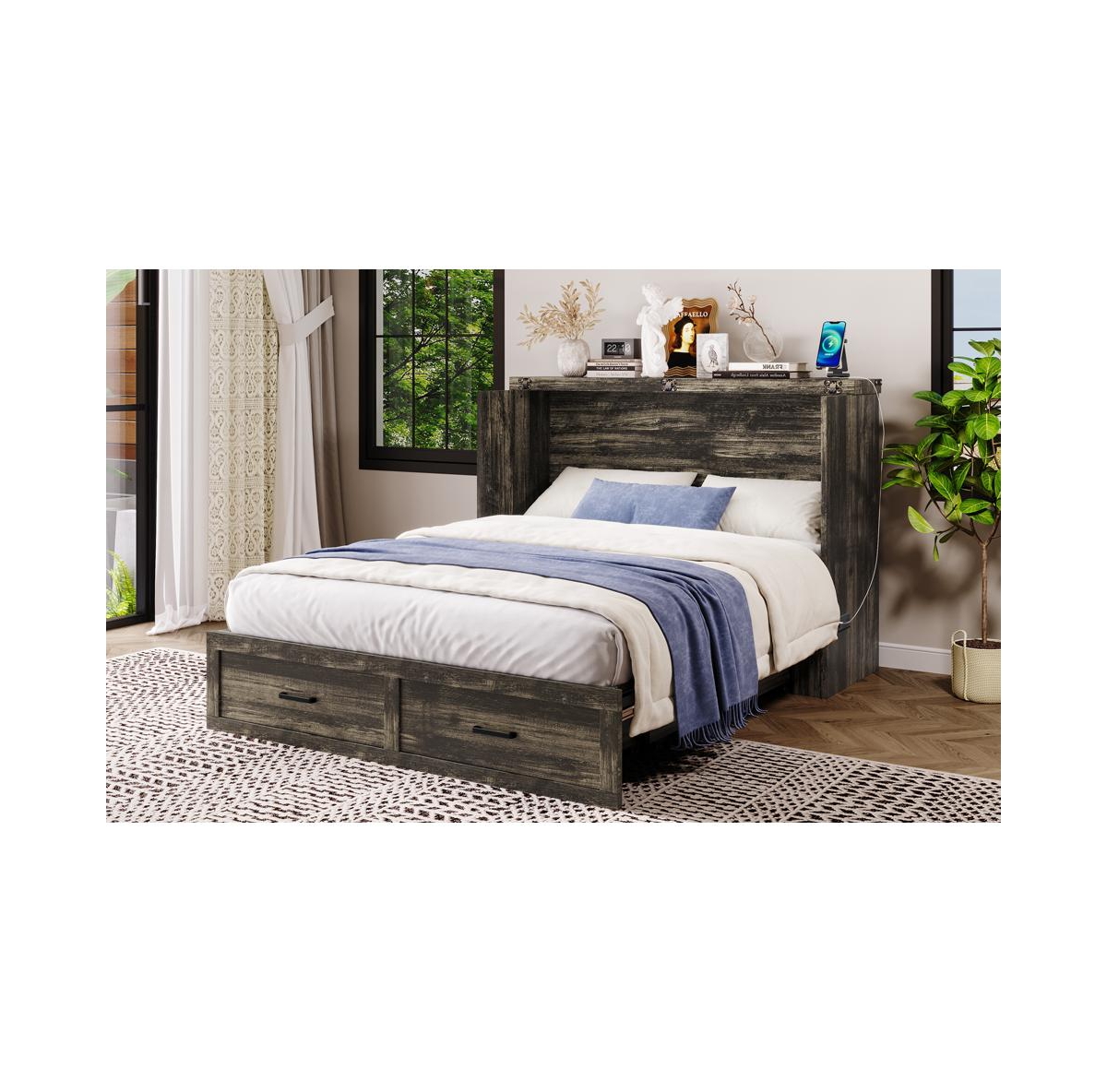 Streamdale Furniture Murphy Bed Queen with Charging & Storage - Rustic Gray