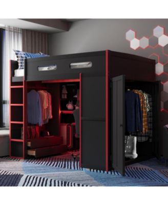 Wood Loft Bed with Desk, Wardrobe, Storage & RGB Light