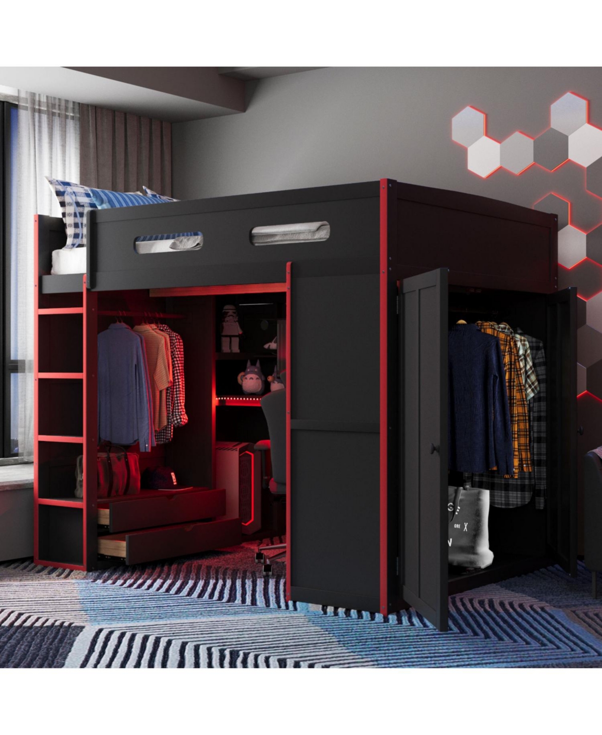 Streamdale Furniture Wood Loft Bed with Desk, Wardrobe, Storage & Rgb Light