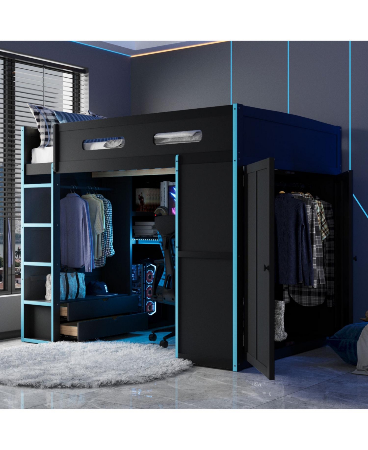 Streamdale Furniture Loft Bed with Desk, Wardrobe, Storage & Rgb Led