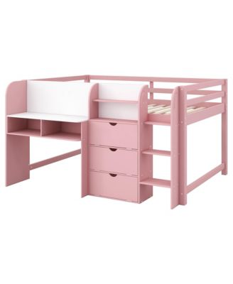 Pink Low Loft Bed with Desk, Storage & Whiteboard