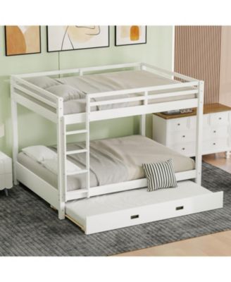 Wood Queen Size Bunk Bed with Ladder and Trundle, White