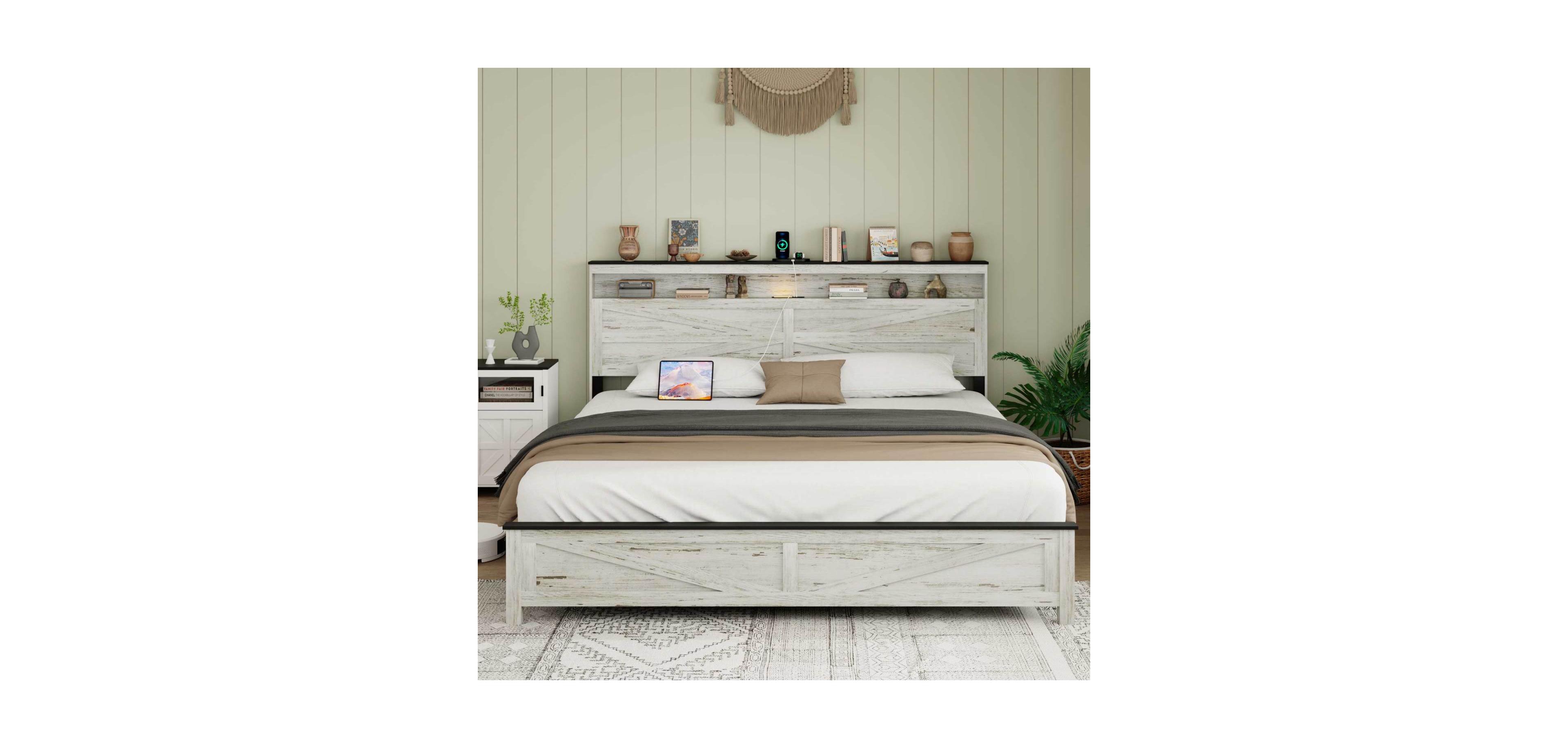 Streamdale Furniture King White Bed- Wood Headboard & Hidden Storage (No Box Spring)