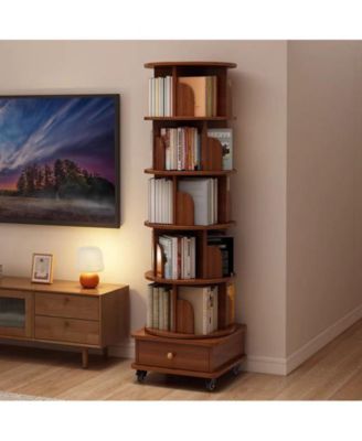 Rotating Bookshelf 360 Corner Bookcase with Wheels, Walnut Brown