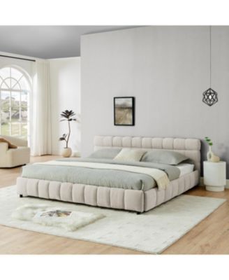 King Beige Chenille Upholstered Bed Frame with Storage Drawer (88.5")