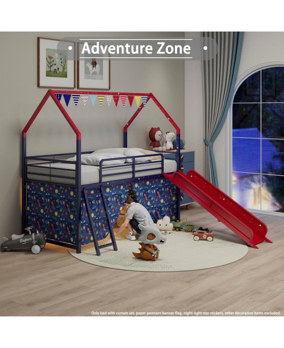 Streamdale Furniture Jack Metal Twin Loft Bed w/ Slide & Curtain - Navy/Red