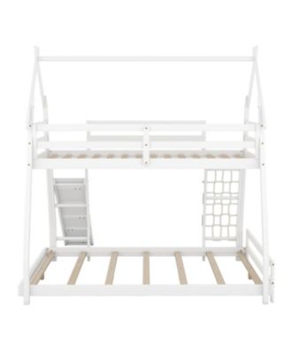 Twin over Queen House Bunk Bed with Climbing Nets and Climbing Ramp, White