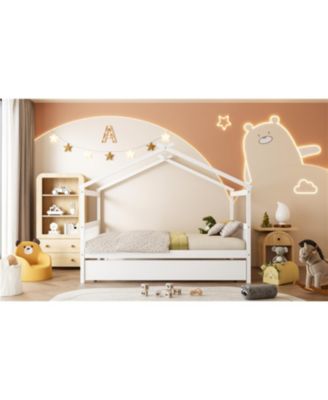 Full Size Wooden House Bed with Twin Size Trundle, White
