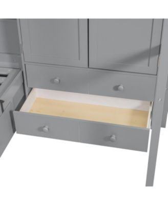 Twin Bunk Bed with Drawers, Wardrobe, Storage Shelves and Hydraulic Bed,Gray