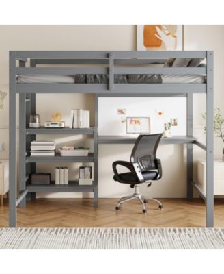 Twin Loft Bed with Shelves, Desk & Board - Gray