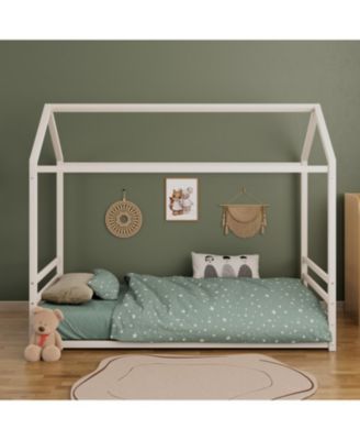 Montessori Metal Floor Bed Frame, House Bed with Guardrails, Kids/Toddlers.