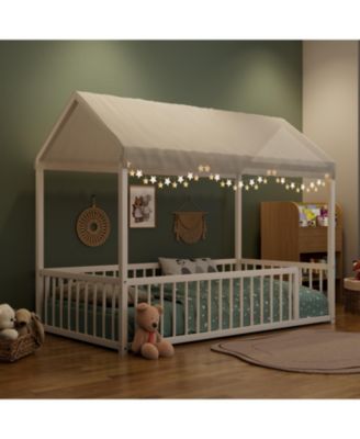 Twin Montessori Metal Floor Bed Frame, House Bed with Fence, Easy Assemble, Black