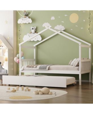 Streamdale Twin Size Wooden House Bed with Twin Size Trundle, Gray