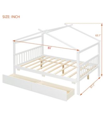 Full Size Wooden House Bed with Drawers, White