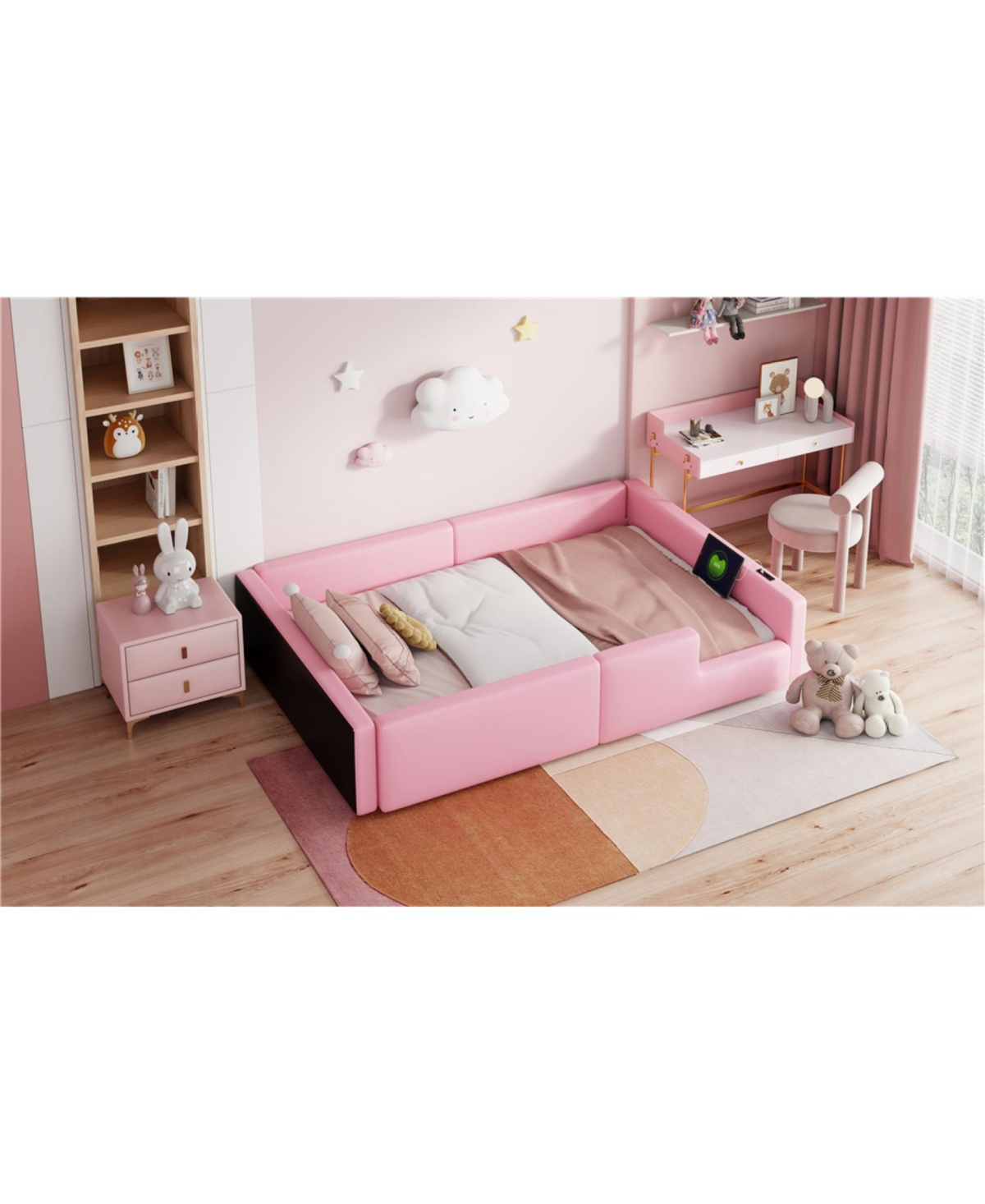 Streamdale Furniture Twin Size Upholstered Platform Bed with Guardrail and Charging Station