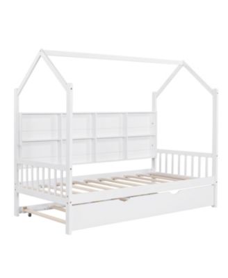 Wooden Twin House Bed with Trundle & Shelf
