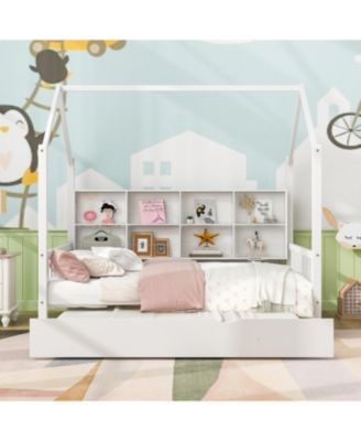  Wooden Full Size House Bed with Trundle & Shelf - White