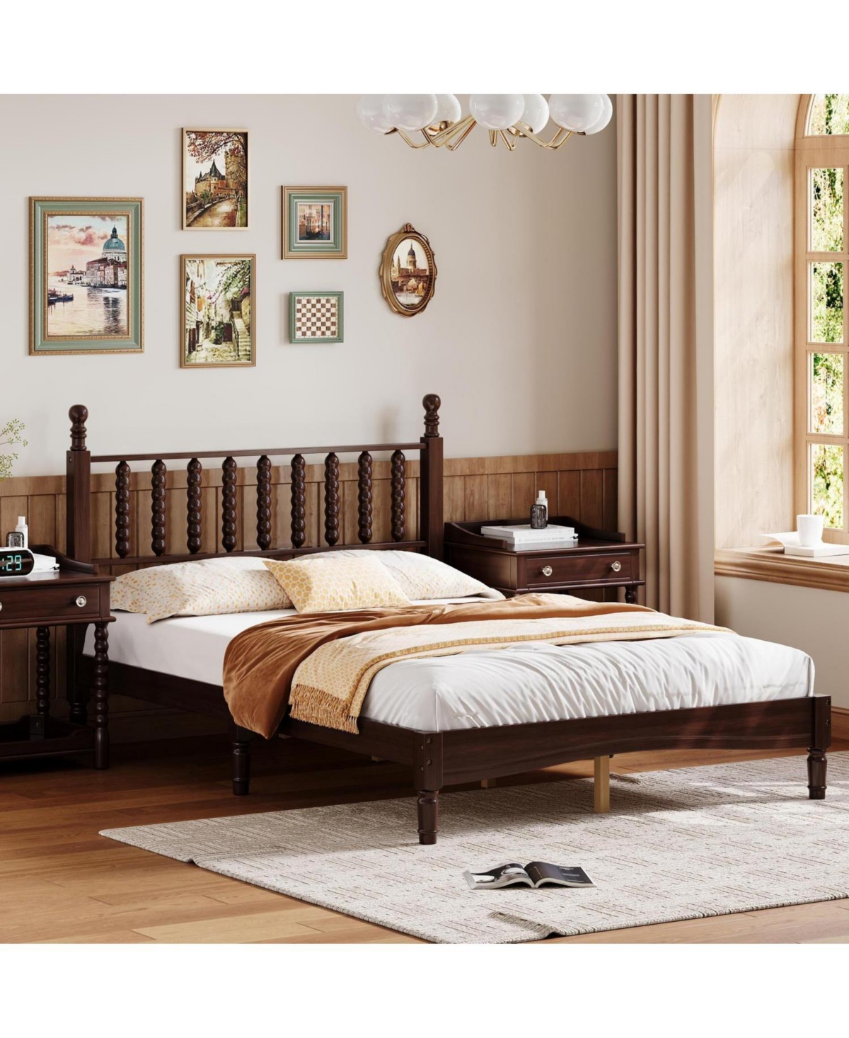 Streamdale Furniture Walnut Wood Platform Bed with Gourd Headboard