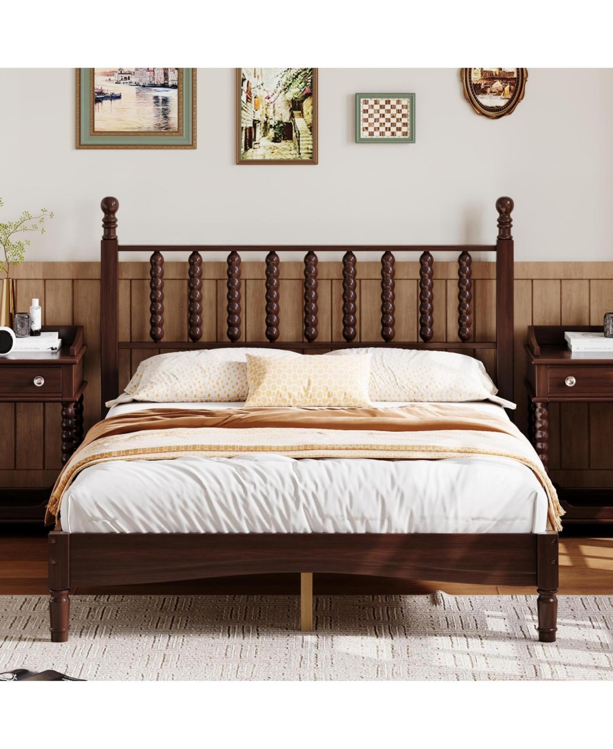 Streamdale Furniture Walnut Wood Platform Bed with Gourd Headboard