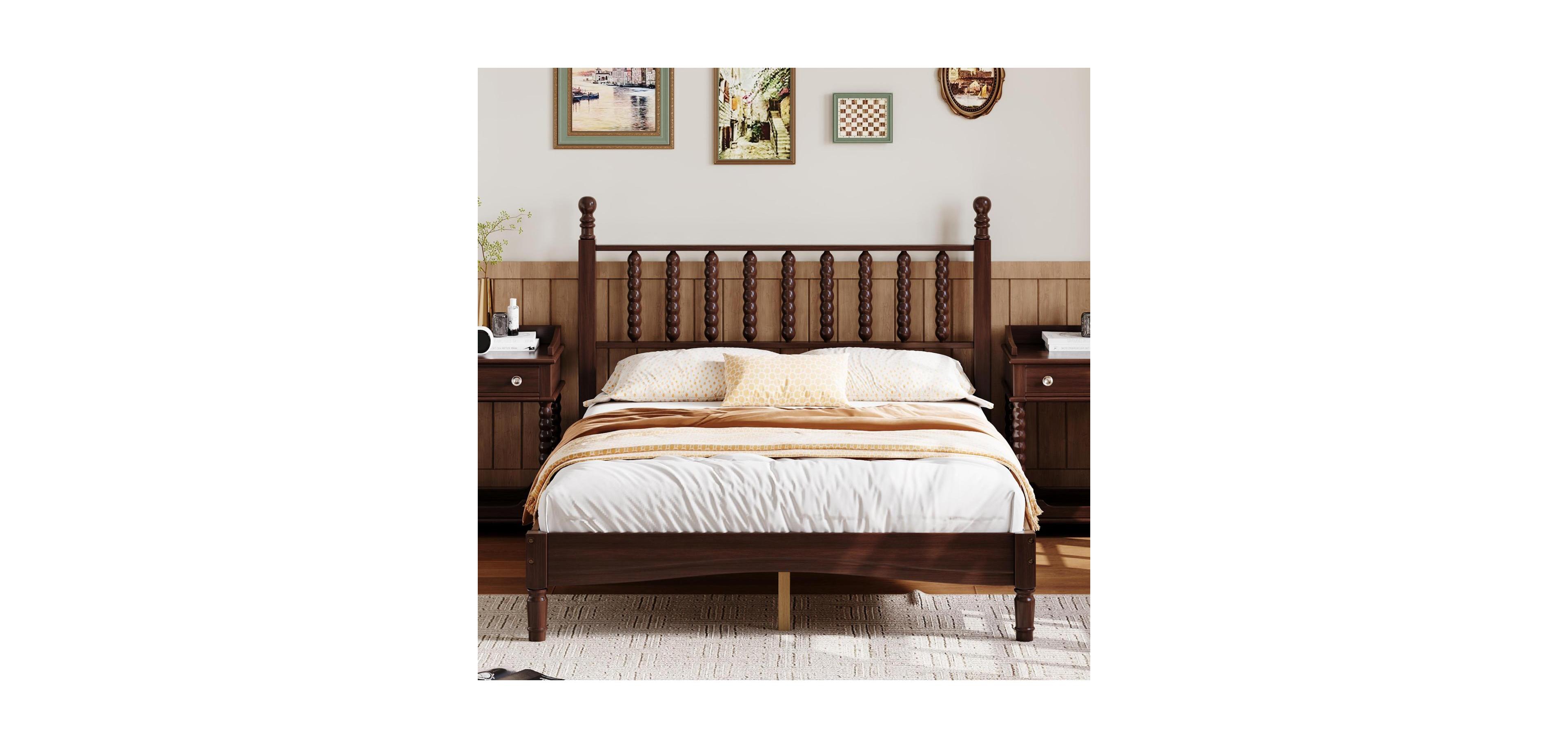 Streamdale Furniture Walnut Wood Platform Bed with Gourd Headboard