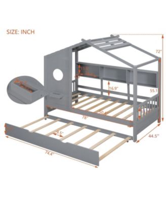 Wooden Twin House Bed with Trundle & Shelf - Gray
