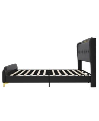  King Leather Wingback Bed Frame - Solid Slats, Easy Assembly