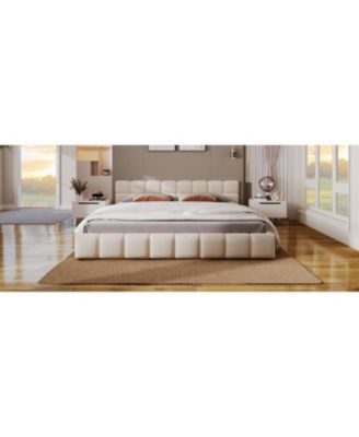 Elegant Beige Chenille Upholstered Bed with Checkerboard Design, King, Beige