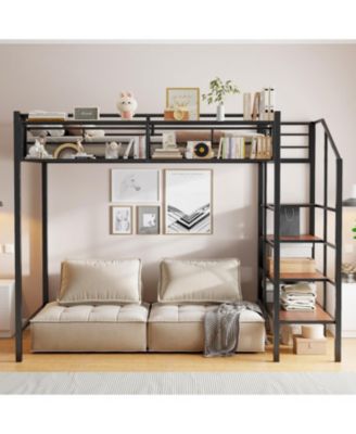 Twin Metal Loft Bed with Grid Shelf & Ladder.