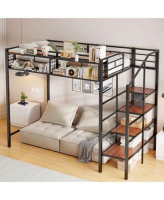 Twin Metal Loft Bed with Grid Shelf & Ladder.