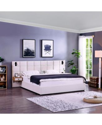 King Beige Velvet Storage Bed with Shelves, Lamps & USB