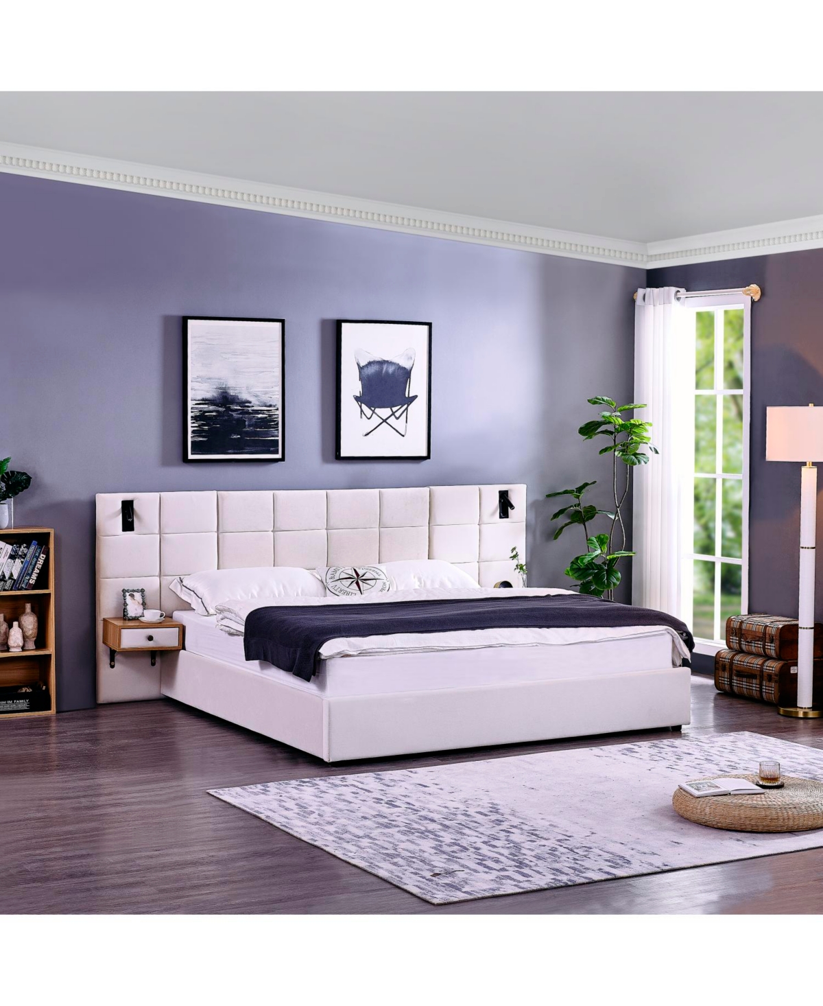 Streamdale Furniture King Beige Velvet Storage Bed with Shelves, Lamps & Usb