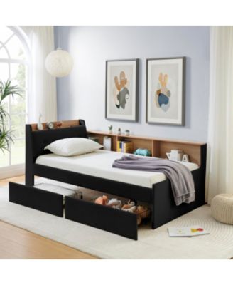 Twin Velvet Daybed- Storage Headboard, Wireless Charging, LED