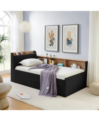 Twin Velvet Daybed- Storage Headboard, Wireless Charging, LED