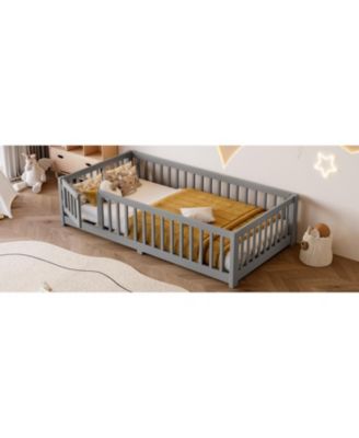 Twin Floor Bed with Guardrails & Door - Gray