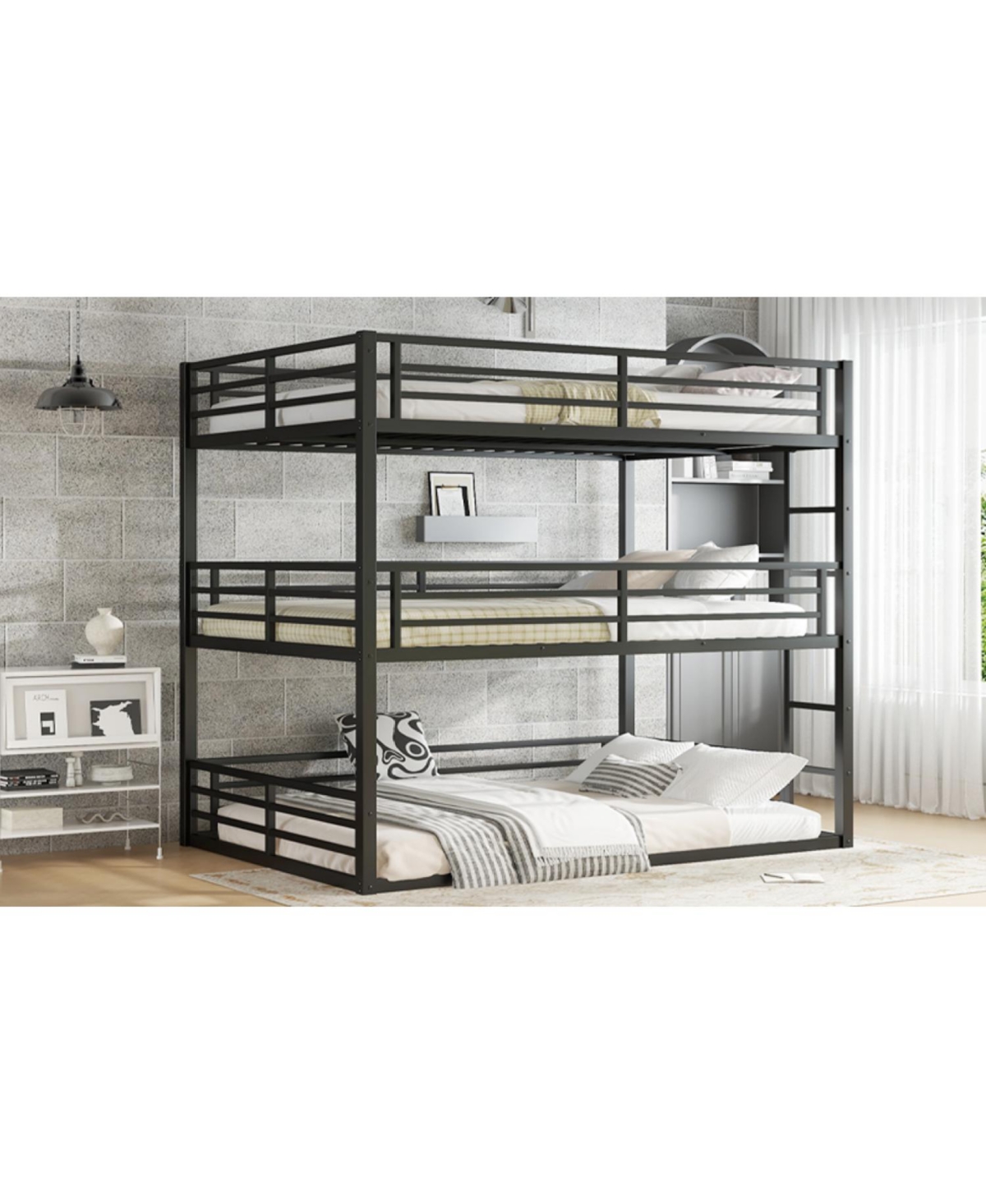 Streamdale Furniture Queen Triple Bunk Bed, Metal, Heavy-Duty, Black