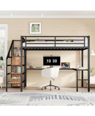 Queen Loft Bed with Desk, Wardrobe, Shelf & LED - Wood-grain