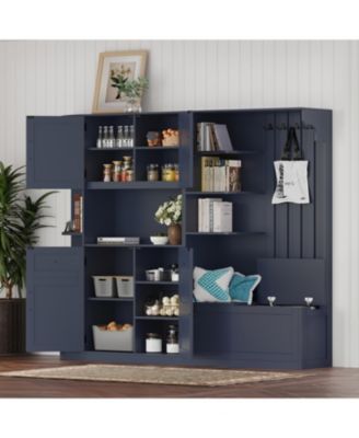 Blue Hall Tree Cabinet with Storage & Hooks