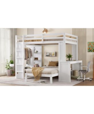 Queen over Twin Bunk Bed with Desk, Shelves & Wardrobe - White