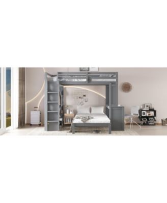 Queen over Twin Bunk Bed with Desk, Shelves & Wardrobe