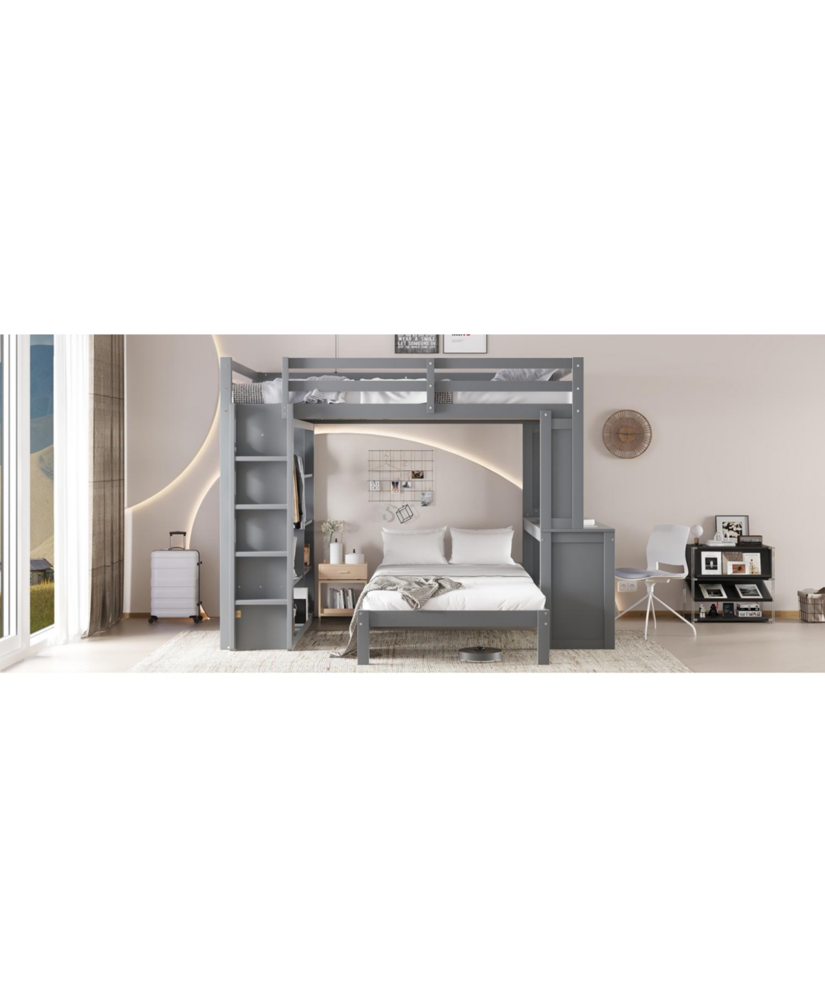 Streamdale Furniture Queen over Twin Bunk Bed with Desk, Shelves & Wardrobe