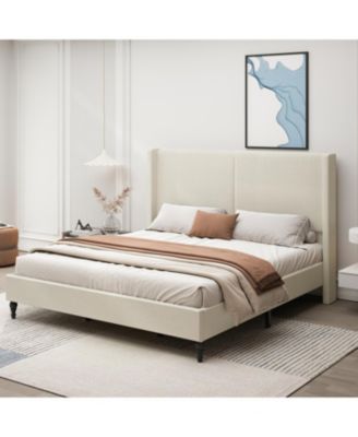 King Size Bed Frame, 55.5" Upholstered Headboard, Boucle Beige