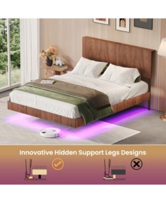 Streamdale Walnut Queen Bed with Charging, LED, Wavy Headboard - No Box Spring