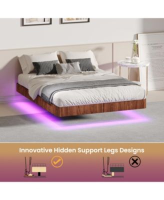  Walnut Queen Bed Frame with LED Lights, Wave Texture, Metal Slats