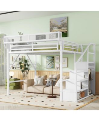  Queen Loft Bed with Stairs, Metal, Storage, Wardrobe