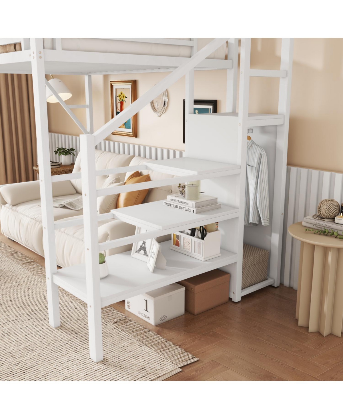 Streamdale Furniture Twin Metal Loft Bed with Stairs, Shelves & Wardrobe
