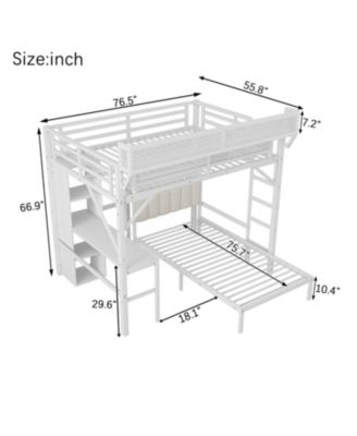  Full/Twin Metal Bunk Bed w/ Desk, Bookshelves, LED, Charge - White