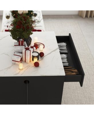  Expandable Kitchen Island, Marble Top, Power Outlet, Storage Cart - Black