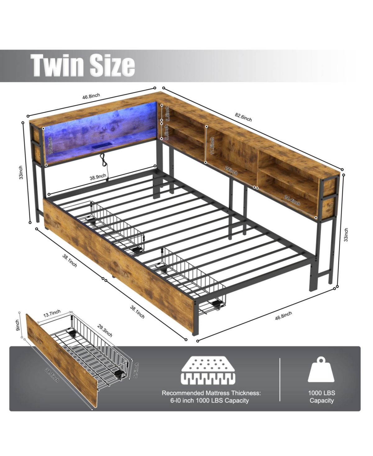 Streamdale Furniture Twin Daybed with Storage, Bookcase, Charging Station & Led