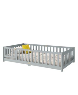 Twin Floor Bed with Fence & Door, Grey